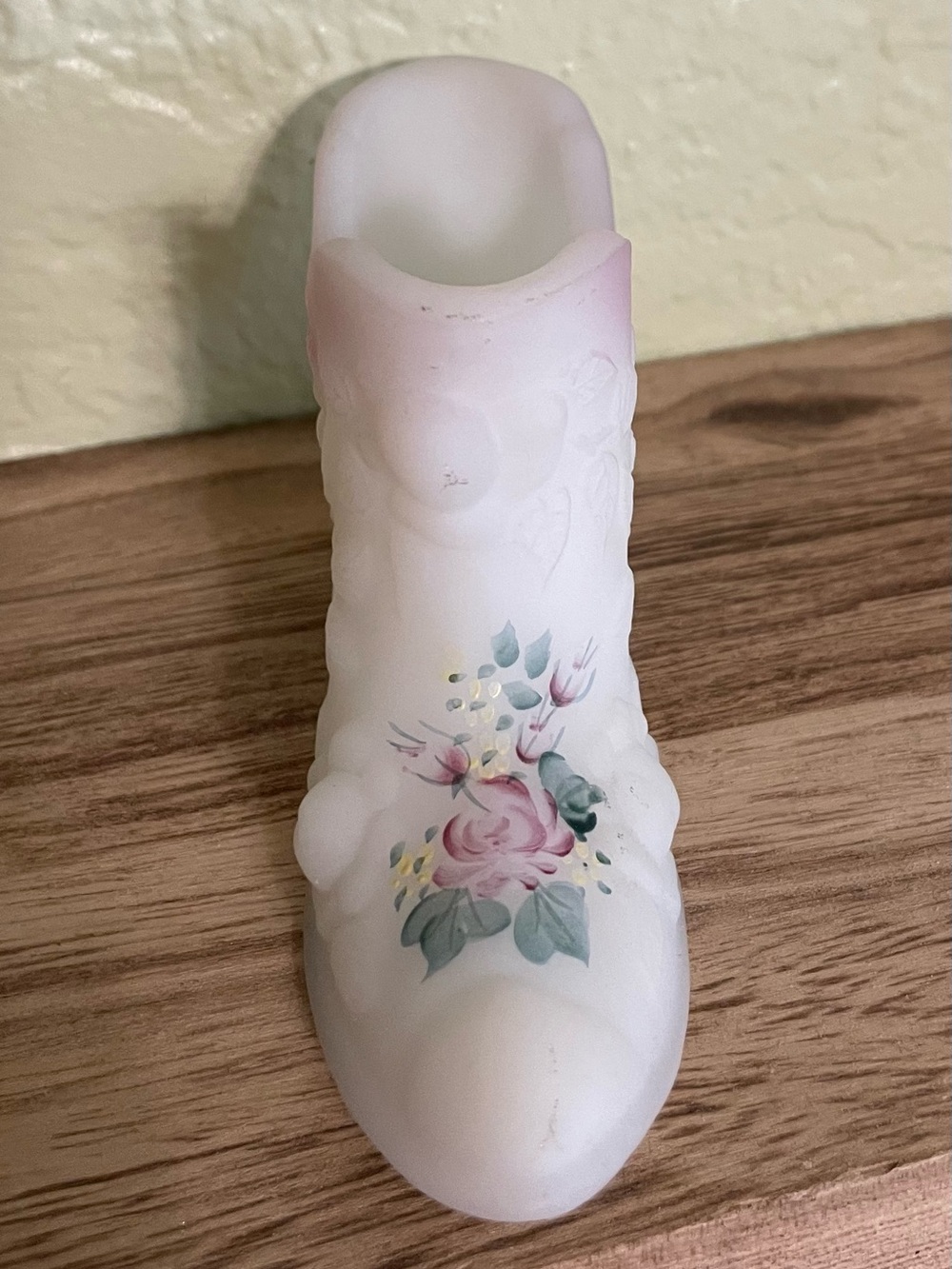 Pink and White Vintage slipper Milk Glass Floral